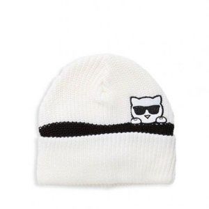 KARL LAGERFELD White Ivy Choupette Varsity  Stripe Knit Beanie